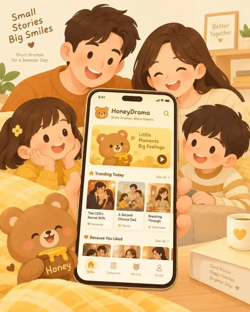 91短剧 APP 界面示意图，温暖的短剧卡片与播放按钮