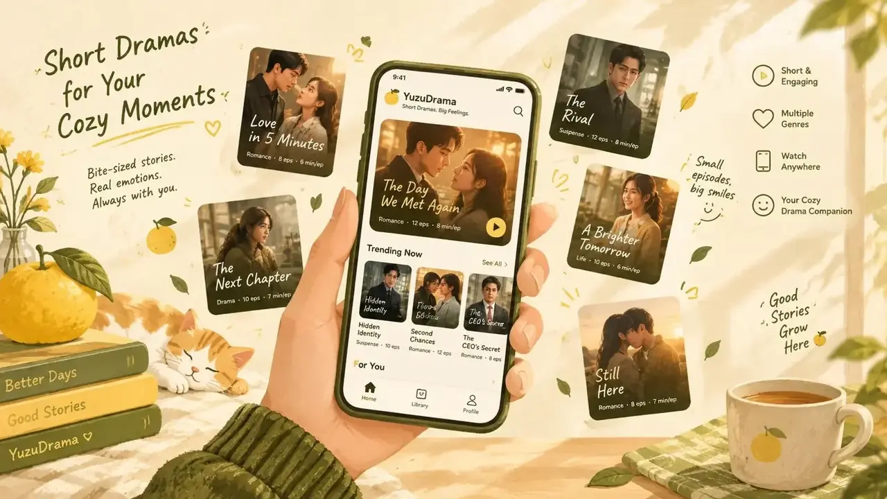 91短剧 APP 下载配图，手持手机与悬浮的短剧卡片